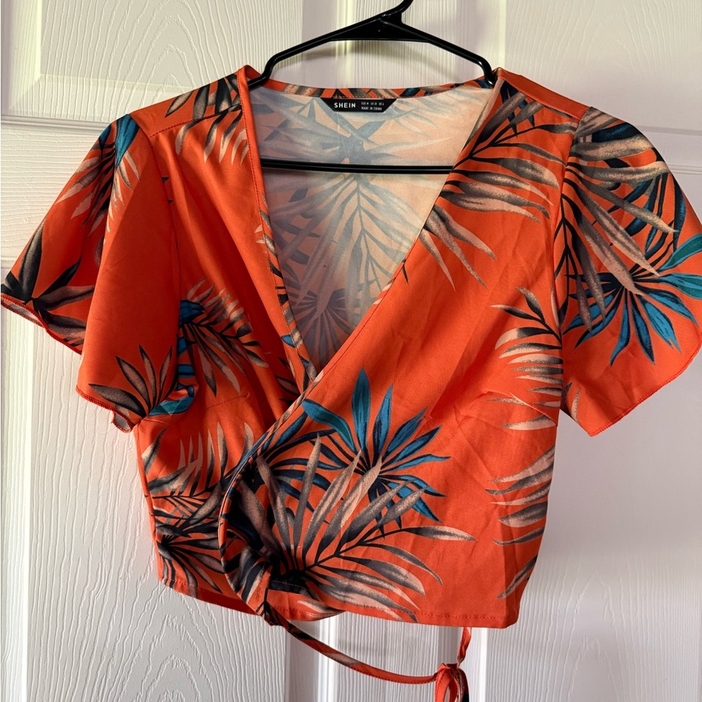 SHEIN Orange Tropical Wrap Crop Top with Blue Palm Print